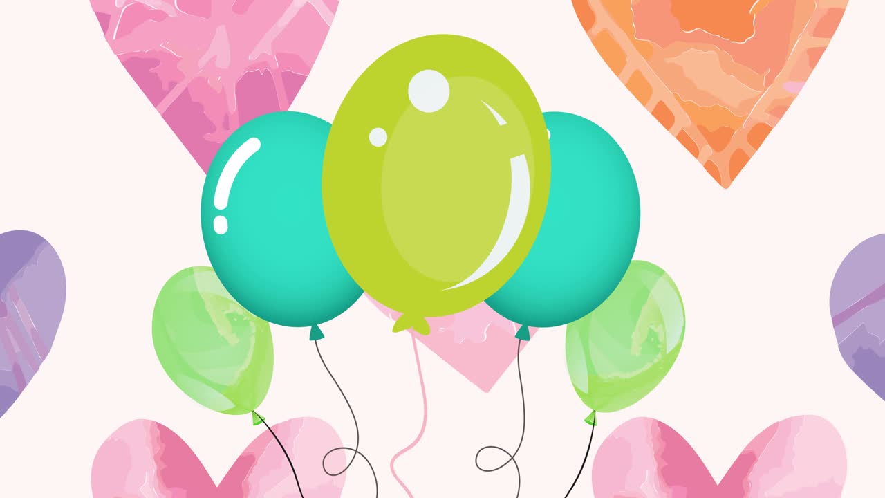 animación de globos verdes y corazones sobre un fondo rosado