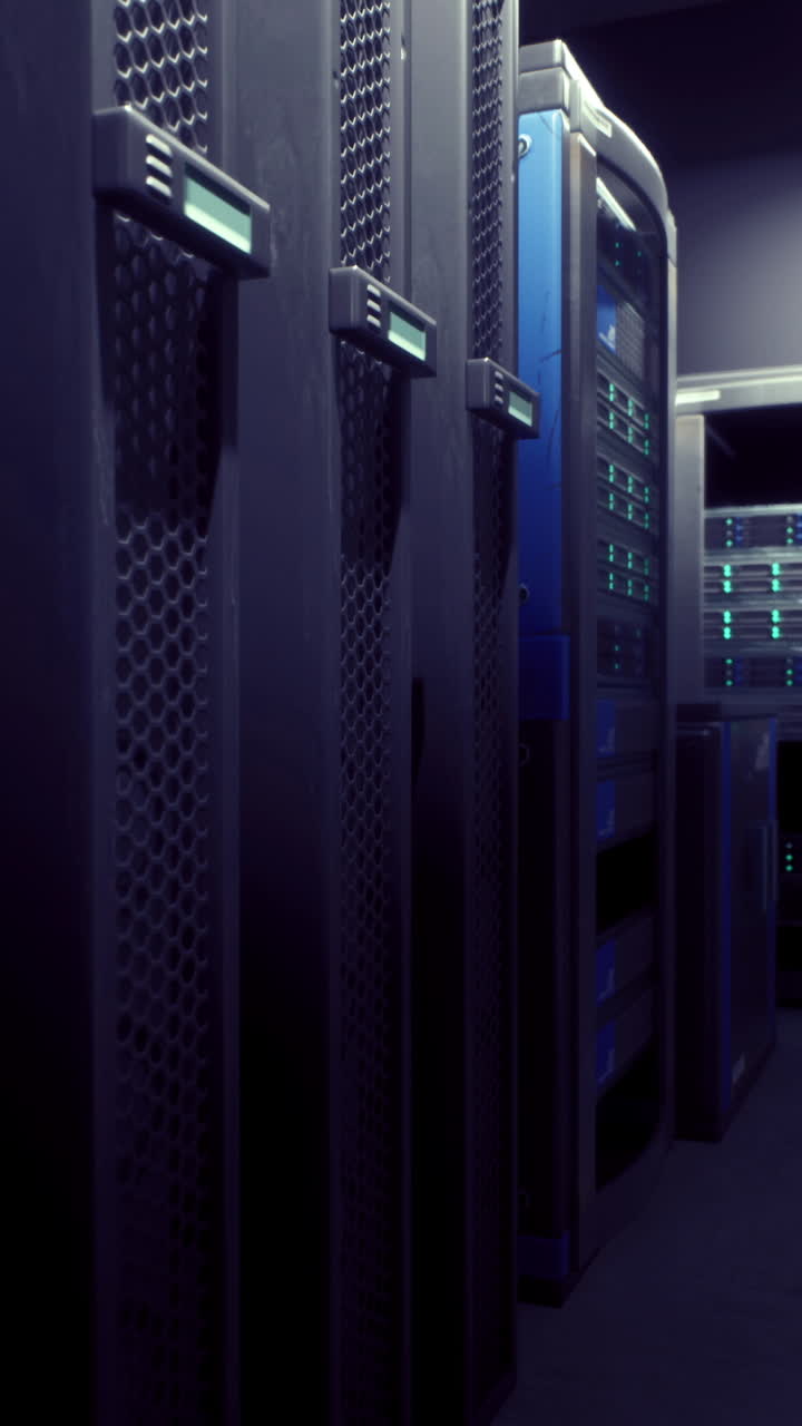 High tech data center with server racks and blue lighting at night