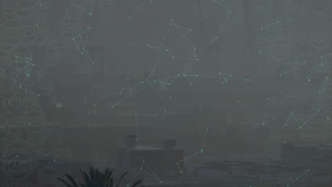 industrial port skyline drifting in haze, 3d illustrating palm fronds and turquoise network overlay