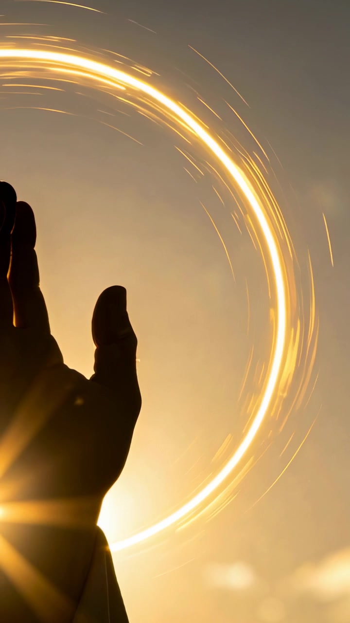 Video vertical: Mano levantada con manga bloqueando el resplandor del atardecer, destello solar formando un halo, espacio para texto