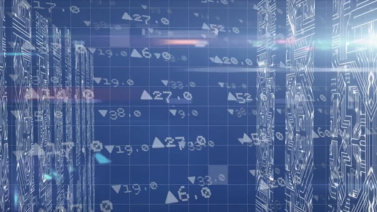 グリッドの上を、矢印付きの数字が浮遊し、マイクロプロセッサーの接続が重なるアニメーション。