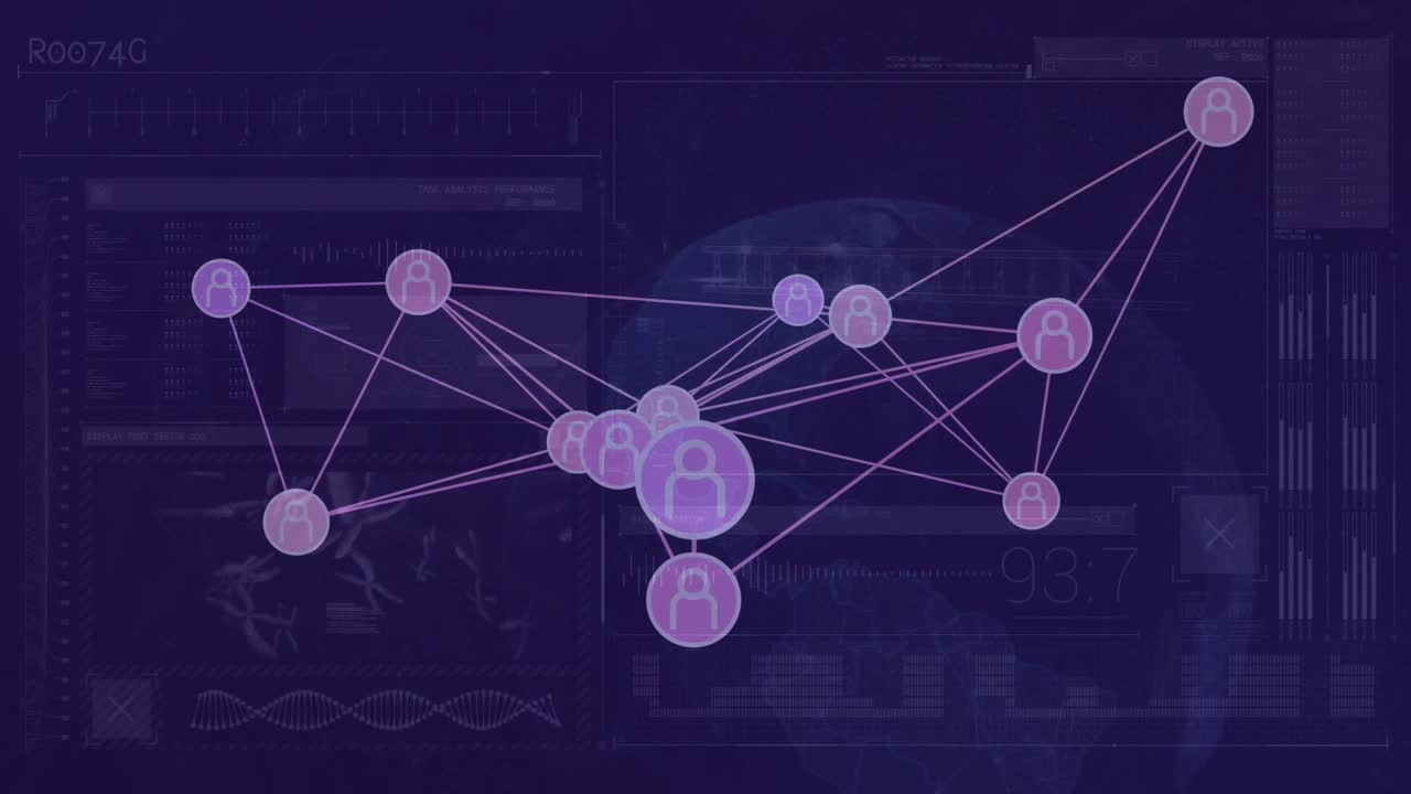 On data update flat design lavender node drifting connecting purple nodes optimizing network graph