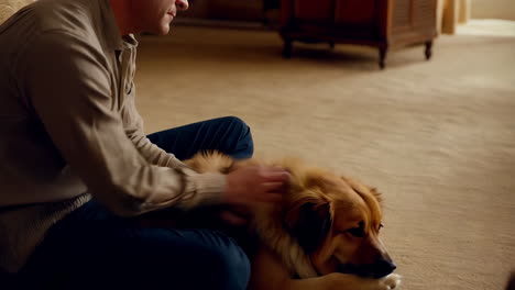 a person gently petting a dog on the carpet