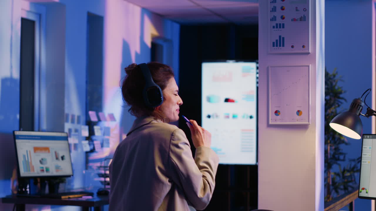 Businesswoman dancing and listening to music in office