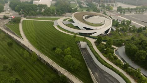 aerial view of national veterans memorial and museum in columbus ohio on a foggy smoky day