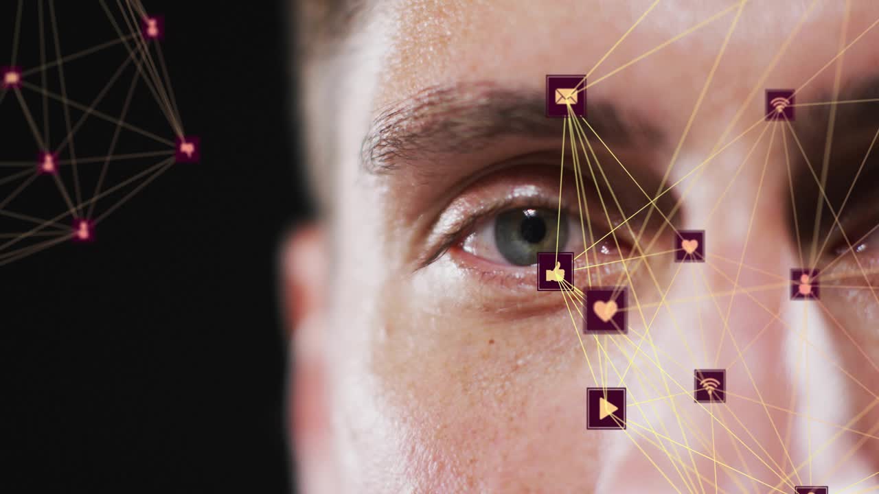 Male face, nodes and icons appearing near eye lines linking icons showing technology connectivity