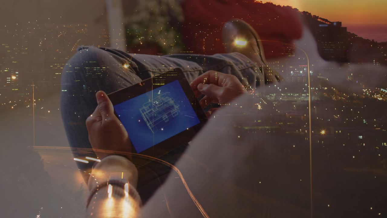 Man tapping tablet and initiating financial charts overlaying city lights while reviewing markets