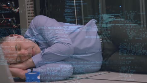 animation of data processing over sleeping caucasian male it technician and computer servers