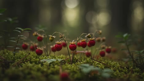 close-up view of ripe wild strawberries growing among lush green moss in the forest, capturing the beauty of nature's delicate fruits in soft light