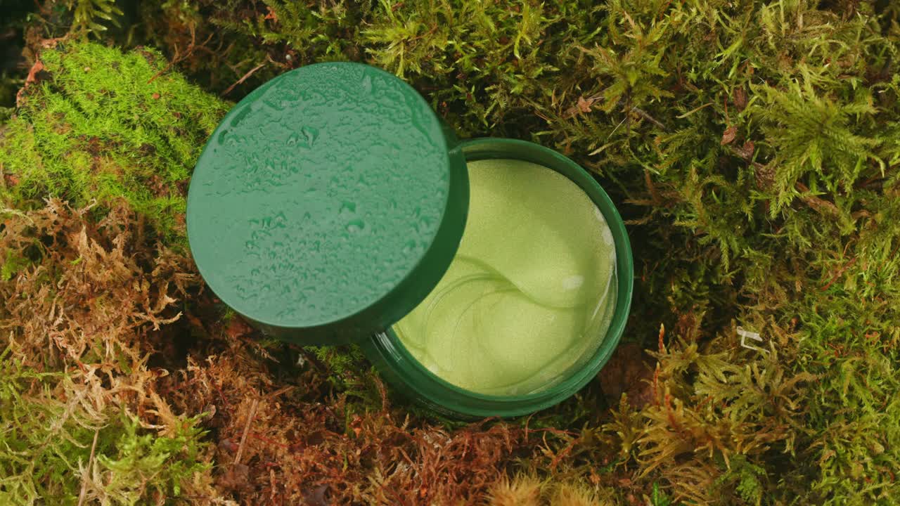 Bottle of cosmetics cream serum on moss forest background green leaves. Woman Make up healthy natural products.