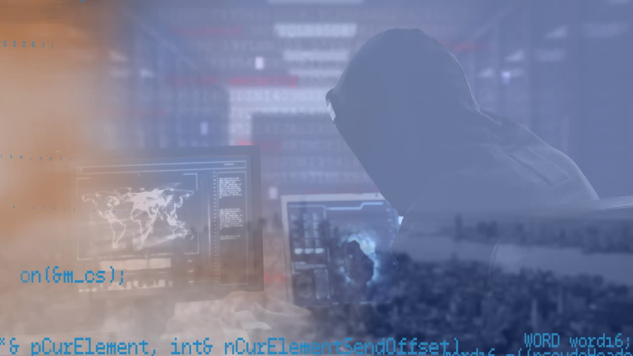 Animation of data processing over rear view of male hacker using laptop