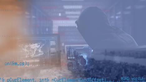 animation of data processing over rear view of male hacker using laptop