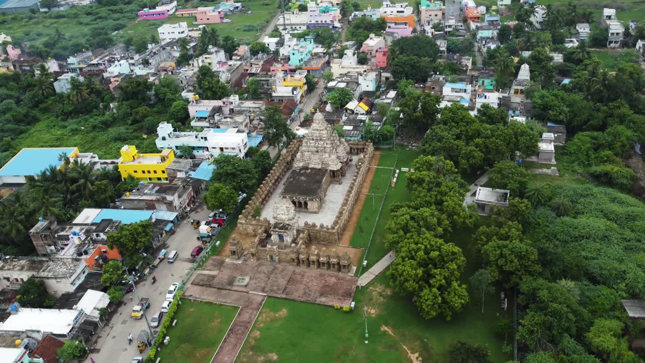 Aerial arc shot of Kailasanathar Temple, Kanchipuram, Tamil Nadu