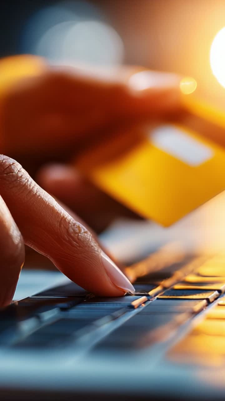 Close-up View of Hand Using Keyboard While Holding Credit Card for Online Transaction in a Warm Glowing Environment