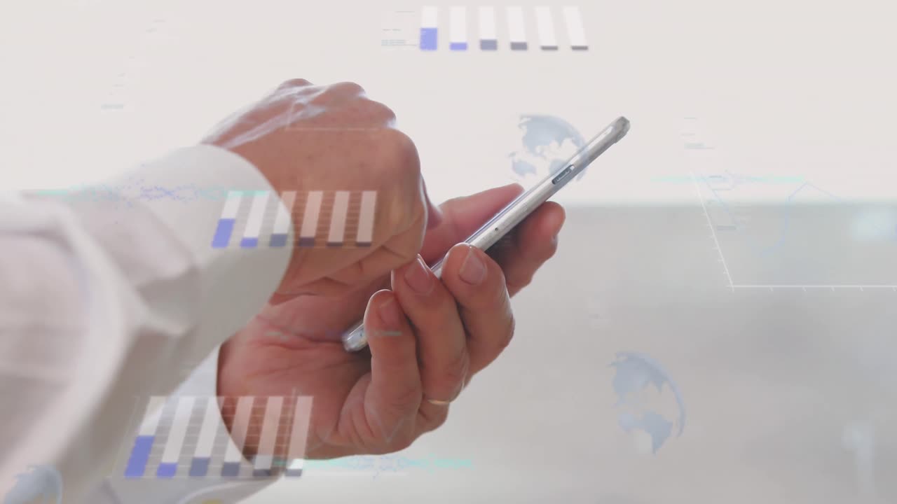 animación del procesamiento de datos financieros sobre un hombre caucásico que usa un teléfono inteligente