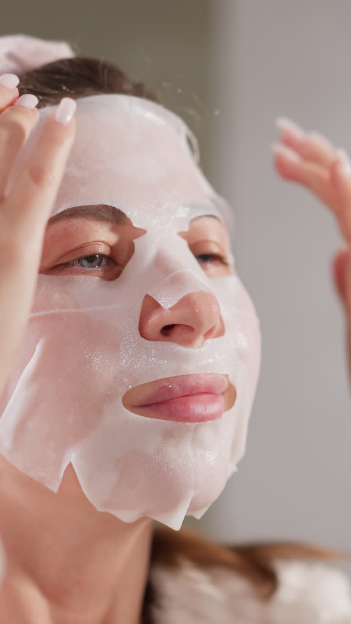 la mujer suaviza la máscara de tela cosmética en la cara. la mujer en túnica golpea la piel la máscara facial nutritiva con los dedos después de lavarse en el baño en cámara lenta