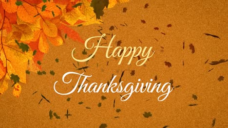 Animation-of-happy-thanksgiving-text-banner-and-autumn-leaves-floating-against-yellow-background