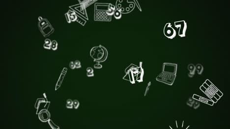 Digitale-Animation-Von-Schulkonzeptsymbolen-Vor-Mehreren-Zahlen-Auf-Grünem-Hintergrund