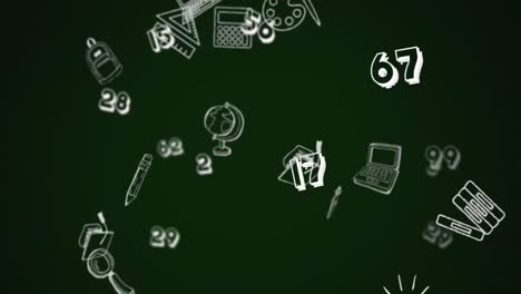 digital animation of school concept icons against multiple numbers on green background