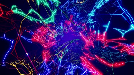 loop vj abstracto sci fi fondo de luz de neón. animación brillo de neón se ejecuta en wareframes en la oscuridad. fondo cibernético abstract sci fi con color de gradiente de brillo de neon. hermoso gráfico de movimiento moderno bg.