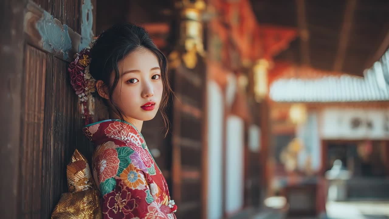 Young woman in traditional kimono poses in historic courtyard