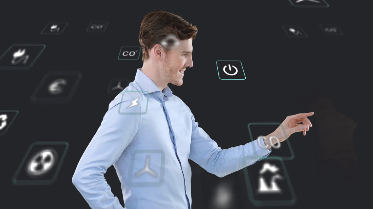 Interacting with digital animation, man in virtual environment exploring futuristic icons