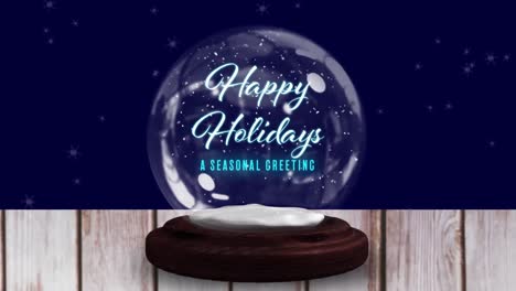 Animation-of-christmas-greetings-in-snow-globe-on-wooden-boards,-shooting-star-and-snow-falling