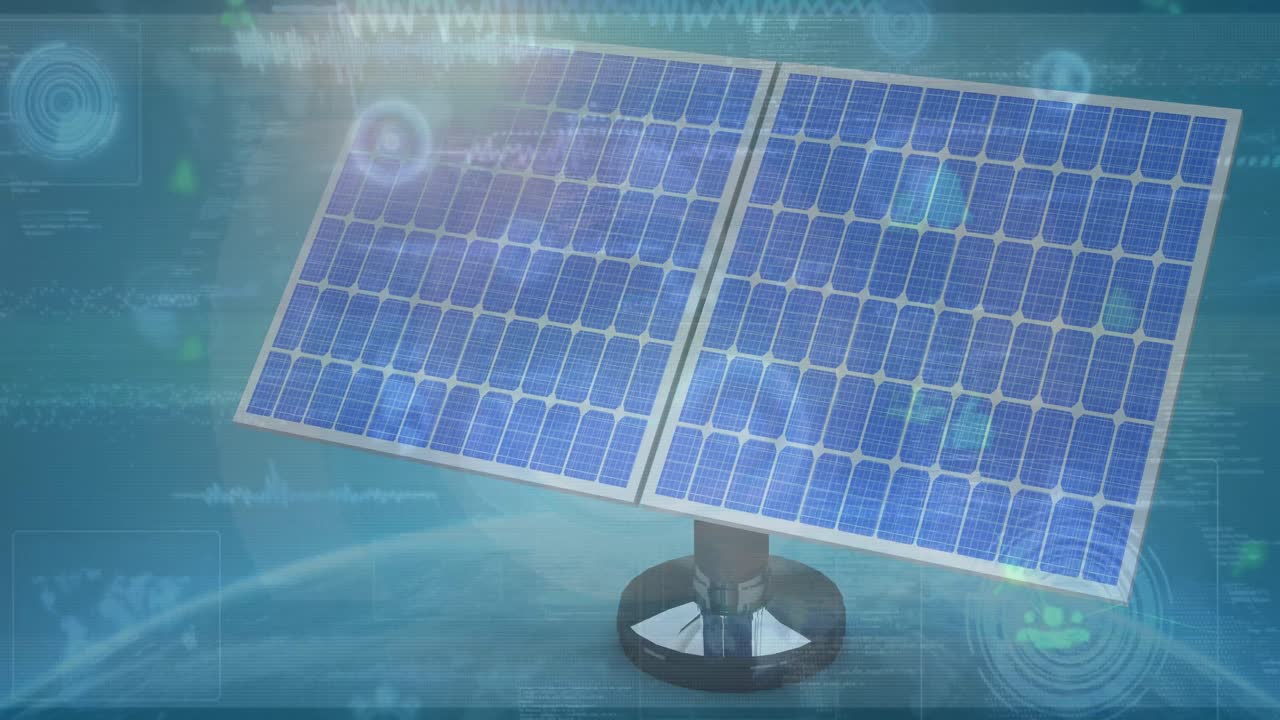 배경의 태양 전지판 위에 연결된 아이콘, 글로브 및 레이더의 애니메이션