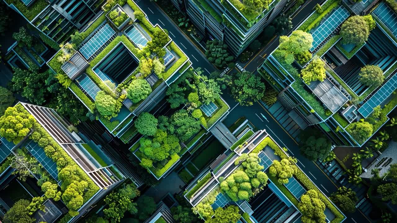 Aerial View of Modern Buildings with Lush Green Rooftop Gardens