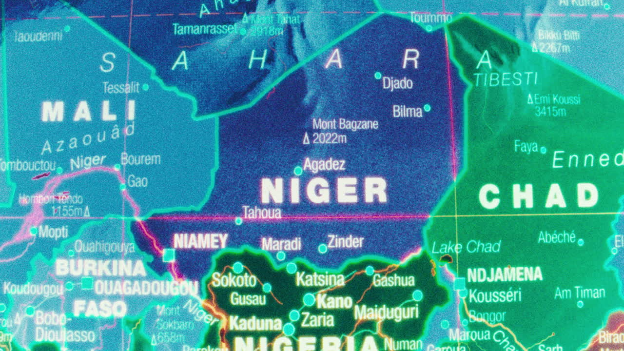 A detailed map highlighting African countries including Niger, Nigeria, Chad, and Mali