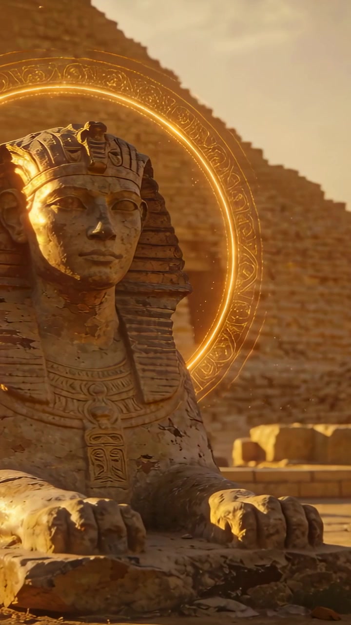 Video verticale: Panoramica della telecamera che centra una Sfinge reclinata sulla sabbia vicino a una piramide, rivelando un'aureola illuminata.