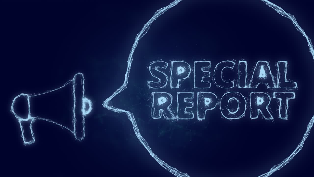 스피치 버블과 텍스트 스페셜 리포트와 함께 메가폰 배너. 녹색 반이는 점과 선의 플렉서스 스타일