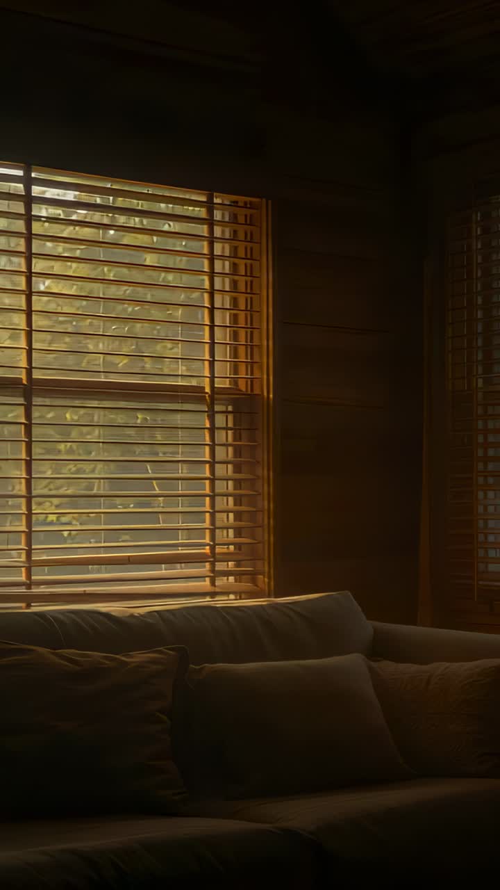 Vertical video: Panning camera right across sectional sofa with cushions at home, revealing blinds
