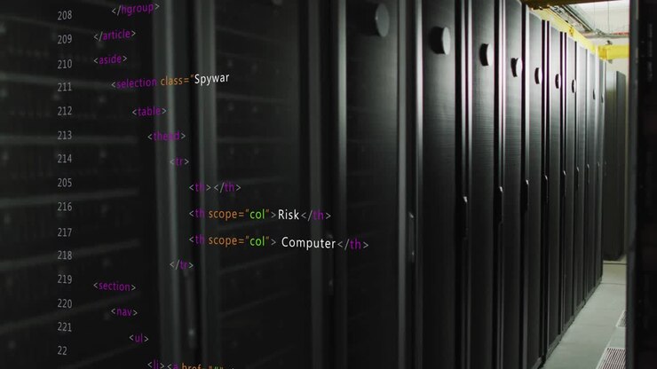 Su un corridoio, un overlay HTML in caricamento scorre e introduce argomenti di sicurezza sui rack dei server.