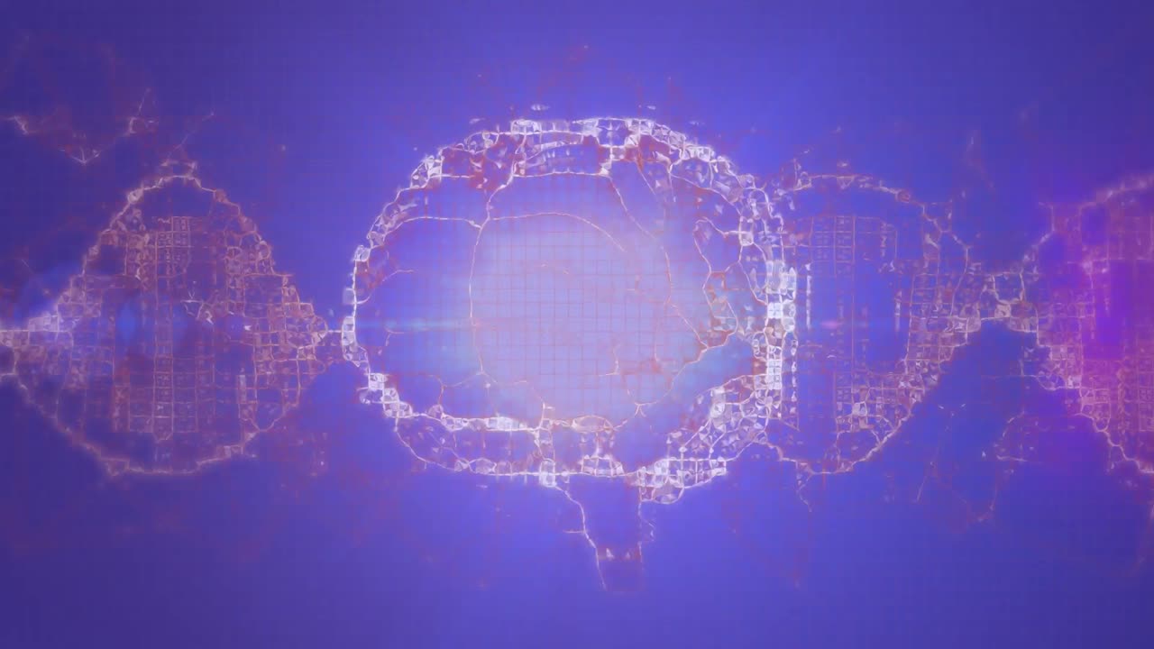 어두운 파란색 배경에 인간의 뇌와 파란색 트레일의 애니메이션