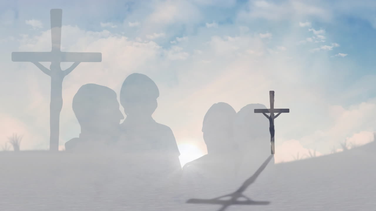 Silhouetted figures with crosses in animation against cloudy sky, creating serenity