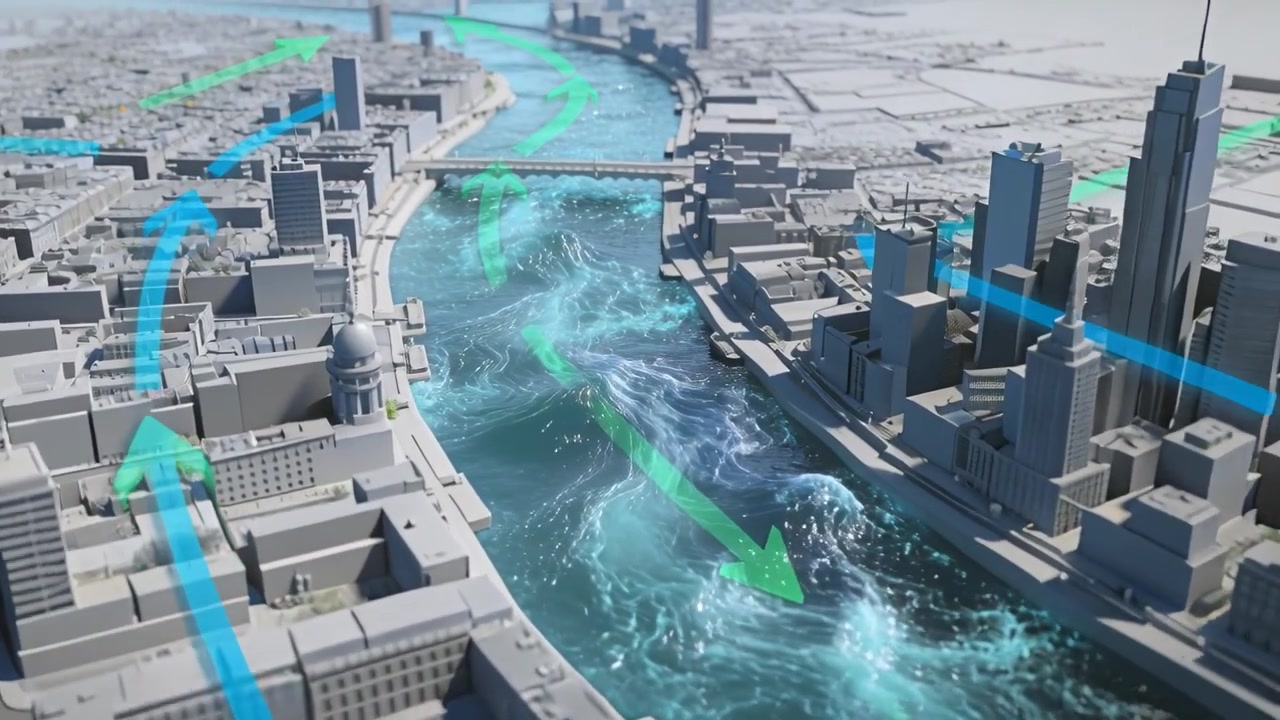 Advancing camera showing turquoise river currents flowing over 3D city illustrating green arrows