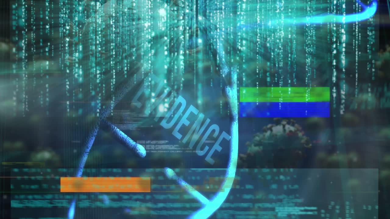 Animation of digital infographic interface with white blood cells, data and programming language