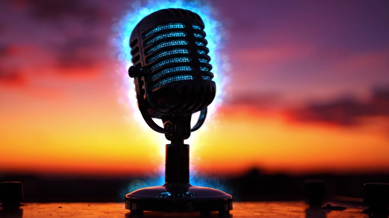 Un affascinante microfono retrò sagomato contro un tramonto mozzafiato, che enfatizza l'arte della musica e della performance in un bellissimo cielo serale.