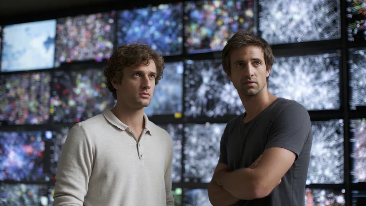 Intense Focus on Data Analysis Amidst a Wall of Digital Displays – Two Individuals Engaging in Critical Observation of Dynamic Visual Patterns and Data Trends