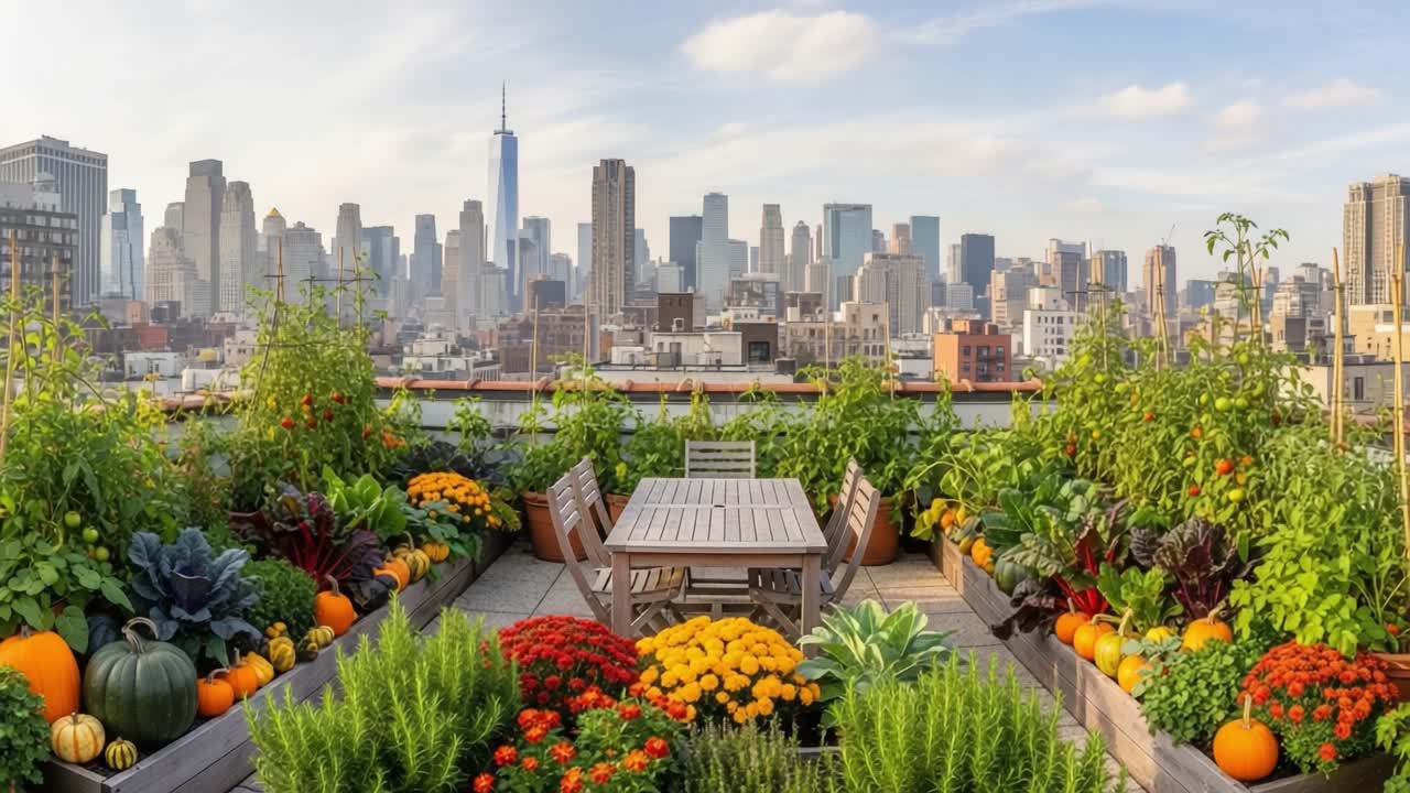 A Vibrant Urban Rooftop Garden Showcasing Lush Vegetables, Colorful Flowers, and a Stunning City Skyline Backdrop on a Clear Day