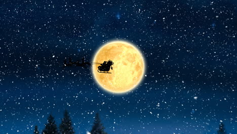 animación digital de la nieve cayendo sobre la silueta negra de santa claus en el trineo