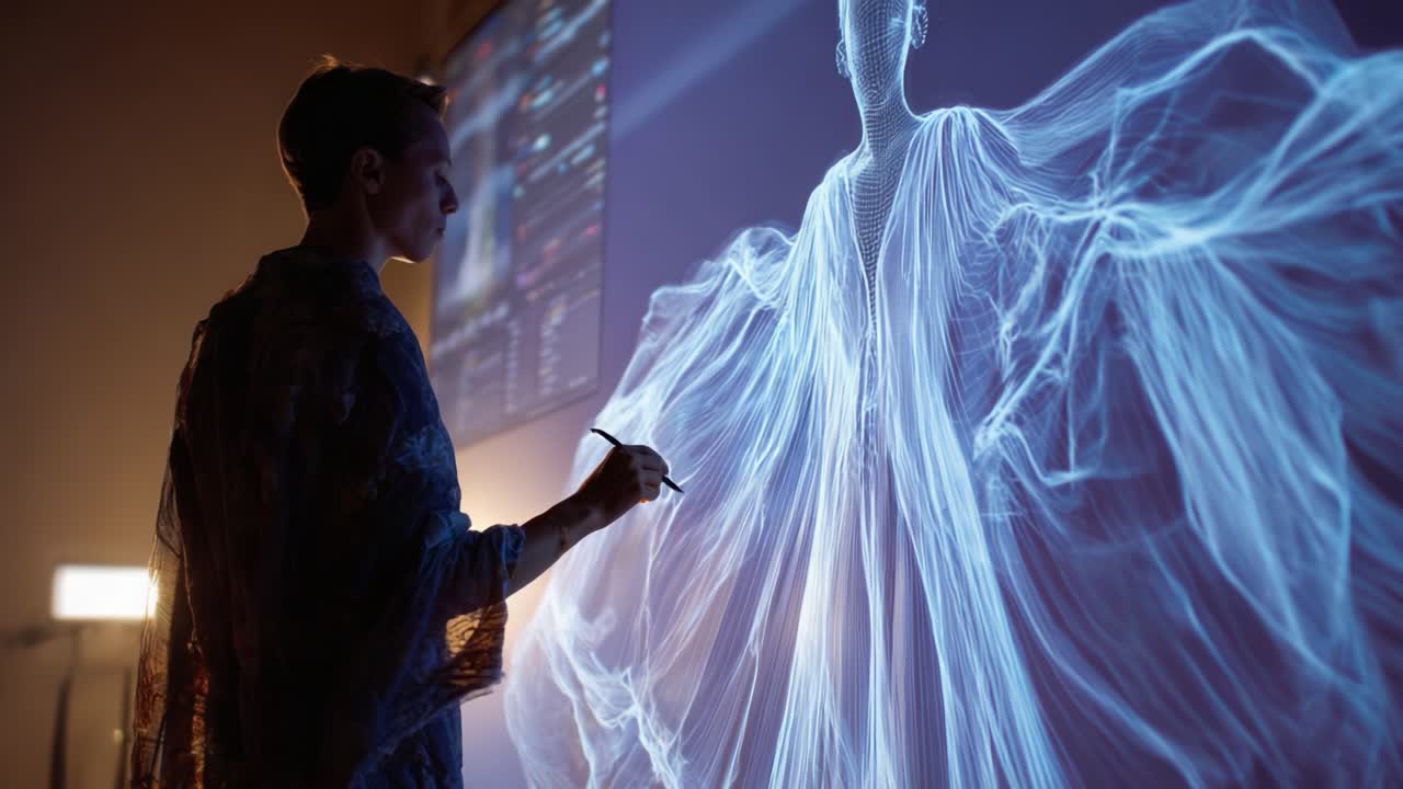 A captivating artist skillfully creating a stunning digital artwork, showcasing a luminous figure emerging from an ethereal veil of light, combining technology and creativity in a mesmerizing display of artistic expression