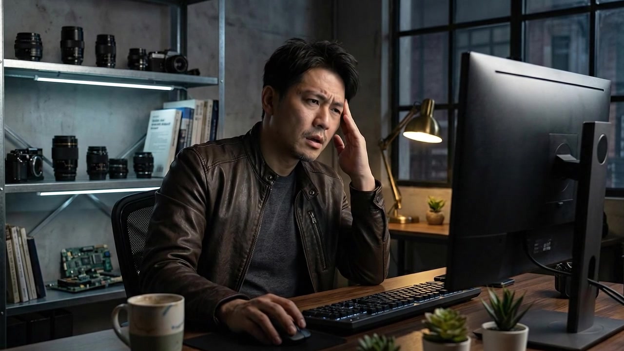 Man working on computer at home office workspace