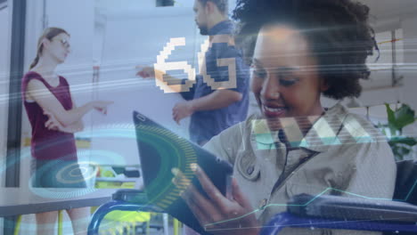 Using technology with 6G network animation overlay, diverse people interacting