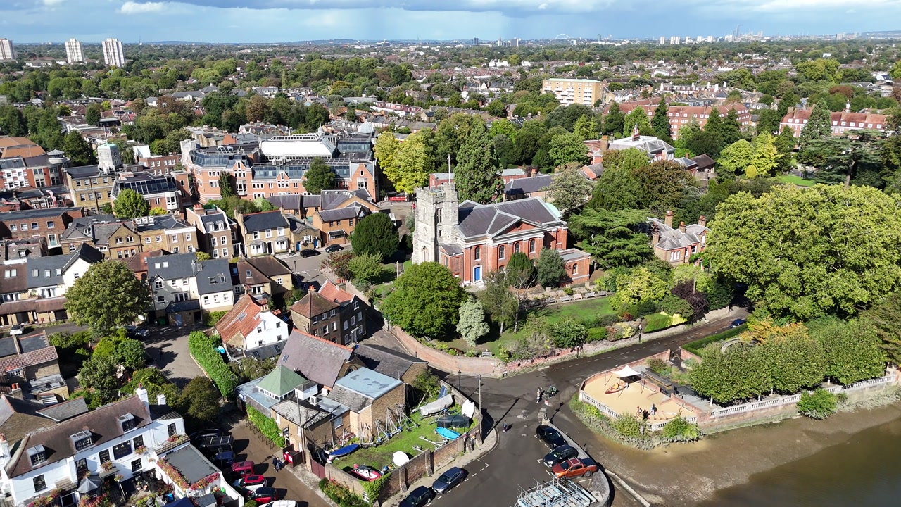 St Mary's Church, Twickenham UK on banks of River Thames drone,aerial