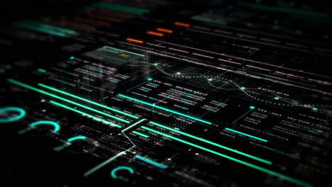 futuristic abstract de-focus flowing data matrix, meta, metaverse, telemetry and encrypt numbers display with particles simulation in cyber space environment for head up display background