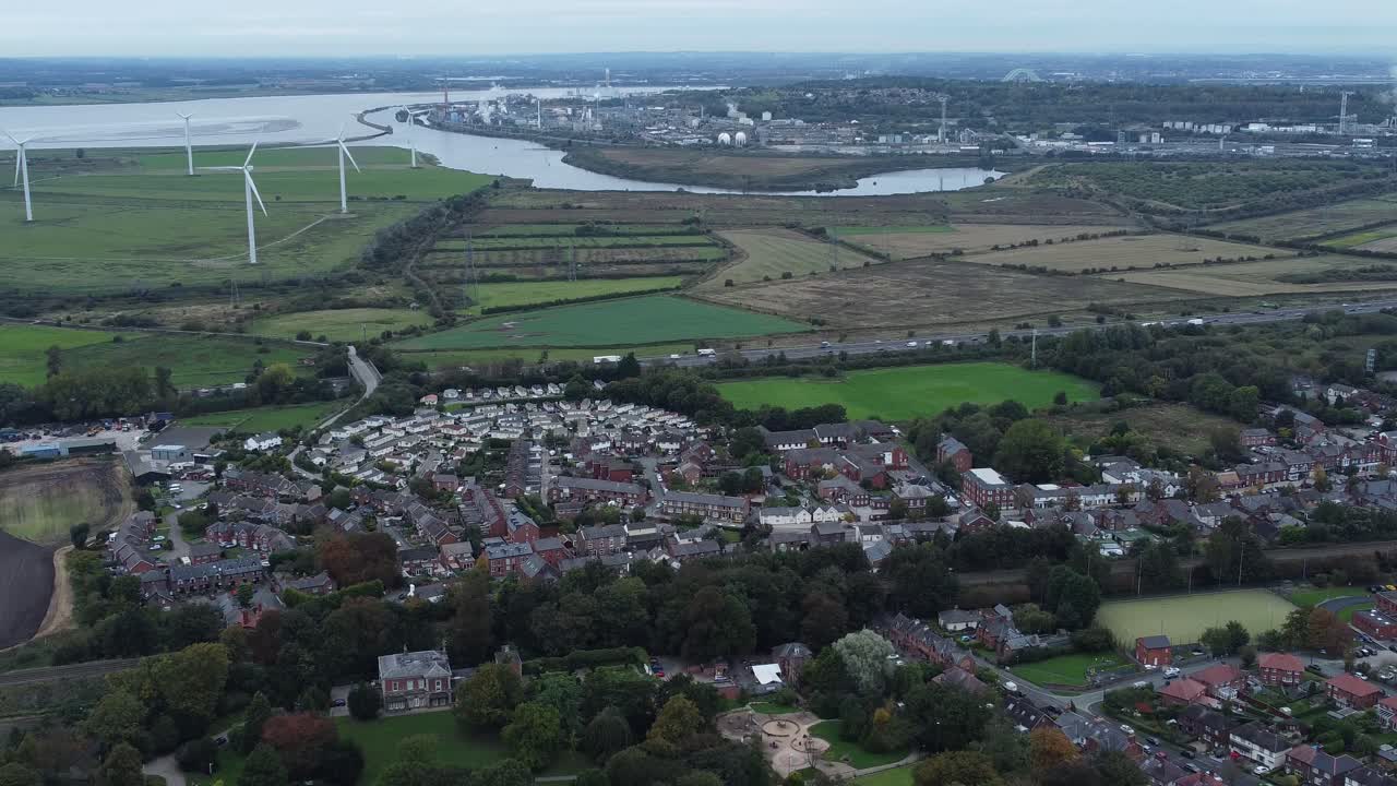 halton north england runcorn 체셔 시골 풍력 터빈 산업 풍경 느린 역방향 위의 조감도