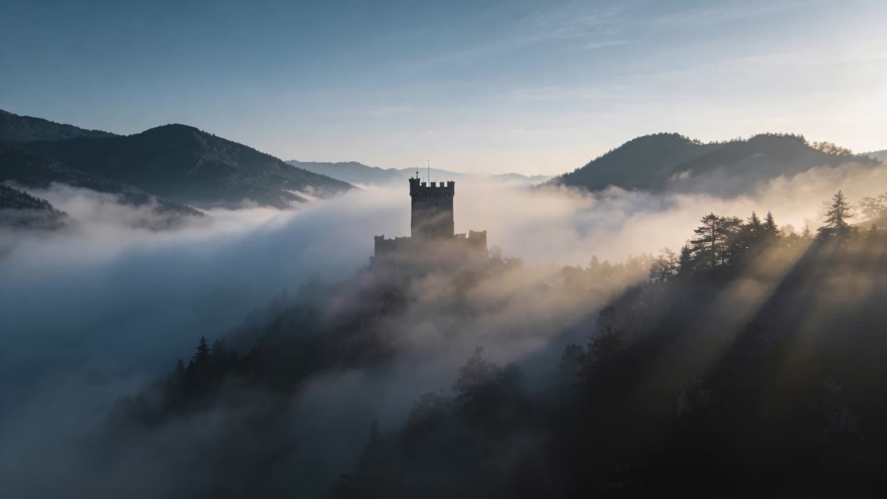 Drone che si alza rivelando una torre merlata solitaria in una valle montana nebbiosa, la luce del sole che dirada la nebbia.