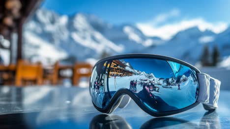 ski goggles reflecting a snowy ski resort
